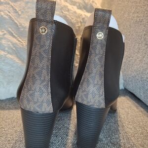 Michael Kors Black Ankle Boots with Brown Logo Heel Panel